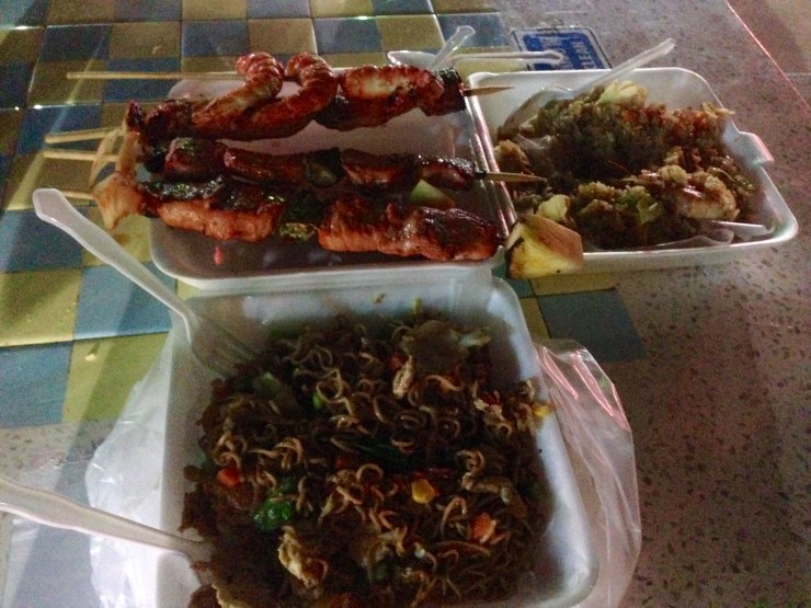 fried mama, seafood fried rice, chicken skewers, and some skewer which was a gross between a crab and a lobster...